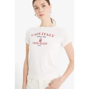 Defacto F5105 Ekru Regular Fit Bisiklet Yaka Baskılı Ribana Kısa Kollu Tişört