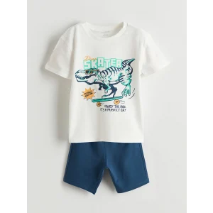 LCW Kids Ekru Dinozor Baskılı Erkek Çocuk Tişört ve Şort 2li