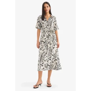 Defacto F1827 Ekru Gömlek Yaka Çiçek Desenli Kuşaklı Kısa Kollu Midi Yazlık Elbise