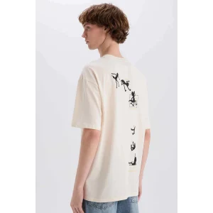 Defacto E3267 Ekru %100 Pamuk Rick and Morty Boxy Fit Bisiklet Yaka Baskılı Kısa Kollu Tişört