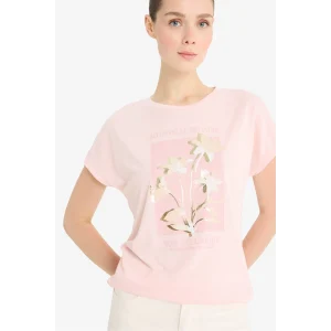 Defacto F5099 Pembe Bisiklet Yaka Çiçekli Kısa Kollu Tişört