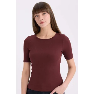 Defacto E5776 Bordo Slim Fit Dar Kesim Bisiklet Yaka Basic Düz Fitilli Kaşkorse Kısa Kollu Tişört