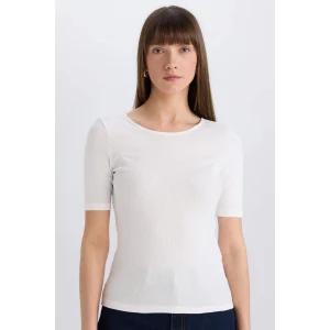 Defacto E5776 Ekru Slim Fit Dar Kesim Bisiklet Yaka Basic Düz Fitilli Kaşkorse Kısa Kollu Tişört