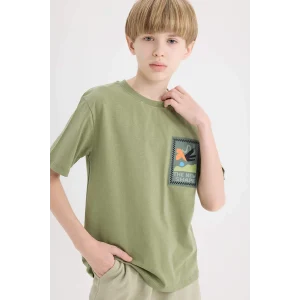 Defacto E0966 Haki Erkek Çocuk Bisiklet Yaka Nakışlı Kısa Kollu Tişört