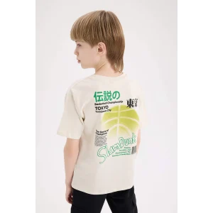Defacto E0100 Bej Erkek Çocuk Bisiklet Yaka Sırt Baskılı Kısa Kollu Tişört