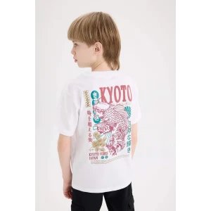 Defacto E5081 Beyaz Erkek Çocuk Bisiklet Yaka Sırt Baskılı Kısa Kollu Tişört