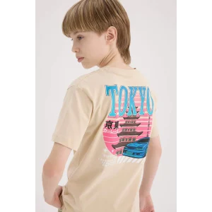 Defacto E5082 Bej Erkek Çocuk Bisiklet Yaka Sırt Baskılı Kısa Kollu Tişört