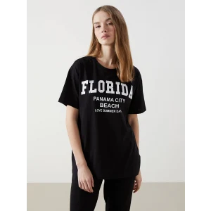 XSIDE Siyah Bisiklet Yaka Florida Baskılı Kadın Tişört