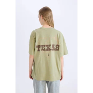 Defacto D9610 Haki Oversize Geniş Kalıp Bisiklet Yaka Sırt Baskılı Kısa Kollu Tişört