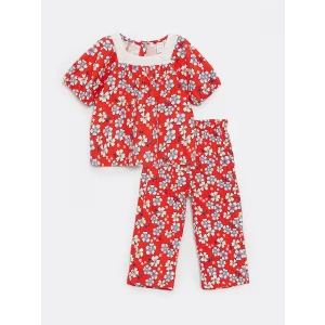 LCW baby Kirmizi Kare Yaka Kısa Kollu Desenli Kız Bebek Bluz ve Pantolon 2li Takım