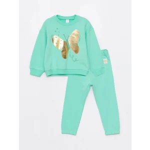LCW Kids Yeşil Bisiklet Yaka Uzun Kollu Kız Bebek Sweatshirt ve Eşofman Alt 2li Takım