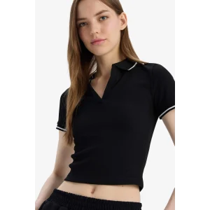 Defacto E7906 Siyah Fitted Polo Yaka Basic DÜZ Fitilli Kaşkorse Kısa Kollu Tişört