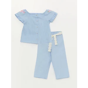 LCW baby Mavi Kare Yaka Kız Bebek Gömlek ve Pantolon 2li Takım