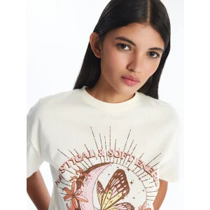 LCW Modest Ekru Bisiklet Yaka Baskılı Kısa Kollu Kadın Tişört
