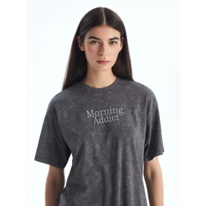 LCW Modest Antrasit Bisiklet Yaka Baskılı Kısa Kollu Kadın Tişört