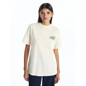 LCW Modest Ekru Bisiklet Yaka Baskılı Kısa Kollu Kadın Tişört