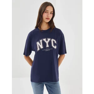 LCW Vision Lacivert Bisiklet Yaka Baskılı Kısa Kollu Oversize Kadın Tişört