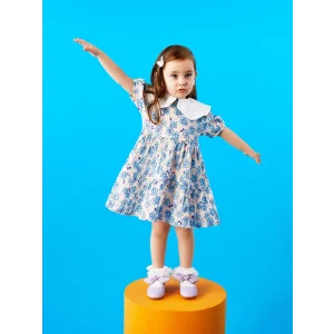 LCW baby Ekru Bebe Yaka Kısa Kollu Desenli Kız Bebek Elbise