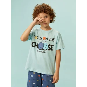 LCW Kids Mavi Bisiklet Yaka Baskılı Erkek Çocuk Şortlu Pijama Takımı