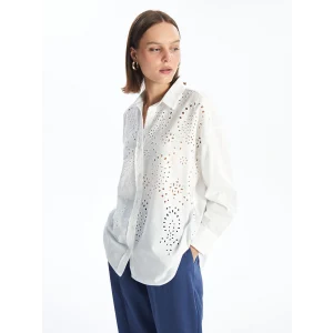 LCW Vision Beyaz Kendinden Desenli Uzun Kollu Oversize Kadın Gömlek