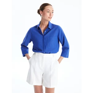 LCWAIKIKI Classic Mavi Düz Keten Görünümlü Kadın Gömlek