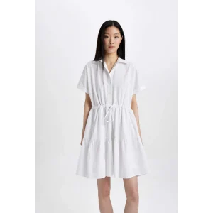 Defacto C5698 Beyaz Gömlek Yaka Beli Büzgülü Poplin Kısa Kollu Mini Beyaz Elbise