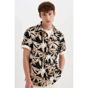 Defacto C7667 Bej Regular Fit Yazlık Hawaii Baskılı Pamuklu Kısa Kollu Gömlek
