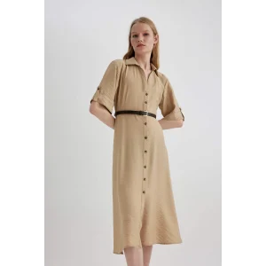 Defacto C1307 Bej Gömlek Yaka Yarım Kollu Kemerli Midi Elbise