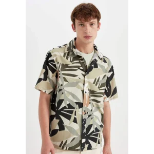 Defacto C7667 Haki Regular Fit Yazlık Hawaii Baskılı Pamuklu Kısa Kollu Gömlek