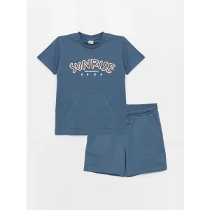 LCW Kids Indigo Bisiklet Yaka Baskılı Kısa Kollu Erkek Çocuk Tişört ve Şort