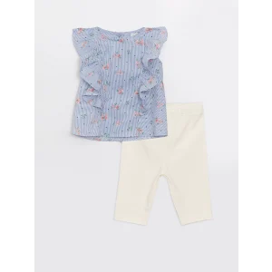 LCW baby Ekru Bisiklet Yaka Desenli Kız Bebek Bluz ve Tayt 2li Takım