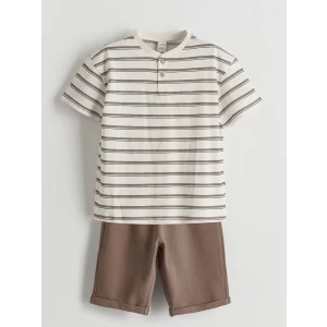 LCW Kids Bej Çizgili Erkek Çocuk Tişört ve Şort 2li