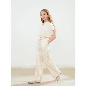 LCW Kids Bej Beli Lastikli Çizgili Kız Çocuk Pantolon