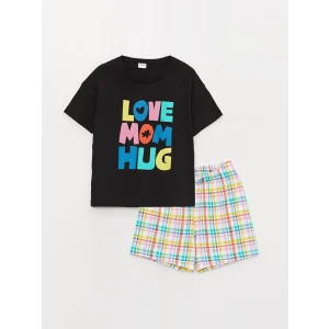 LCW Kids Siyah Bisiklet Yaka Baskılı Kısa Kollu Kız Çocuk Şortlu Pijama Takımı