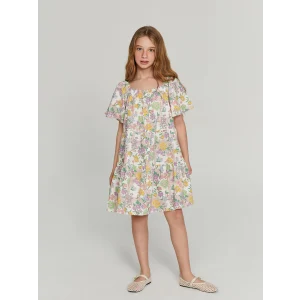 LCW Kids Ekru Kare Yaka Çiçekli Kız Çocuk Elbise