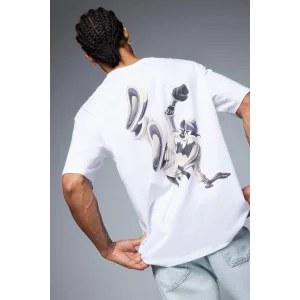 Defacto E0615 Beyaz %100 Pamuk Looney Tunes Boxy Fit Bisiklet Yaka Sırt Baskılı Kısa Kollu Tişört