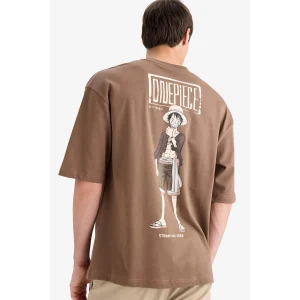 Defacto E0713 Kahve %100 Pamuk One Piece Loose Fit Bisiklet Yaka Sırt Baskılı Kısa Kollu Tişört