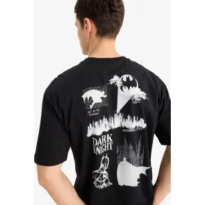 Defacto E0618 Siyah %100 Pamuk Batman Boxy Fit Bisiklet Yaka Sırt Baskılı Kısa Kollu Tişört
