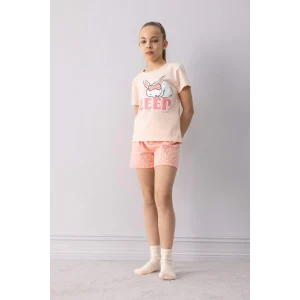 Defacto E6227 Pembe Kız Çocuk Pijama Takımı Baskılı Kısa Kollu Üst Esnek Belli Şort
