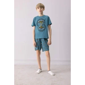 Defacto D9989 Mavi Erkek Çocuk Pijama Takımı Baskılı Kısa Kollu Üst Desenli Şort