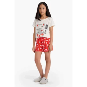 Defacto E0530 Ekru Kız Çocuk Pijama Takımı Baskılı Kısa Kollu Üst Desenli Şort