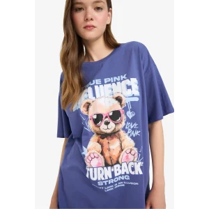 Defacto E0672 Mor Coool Oversize Geniş Kalıp Bisiklet Yaka Baskılı Kısa Kollu Tişört