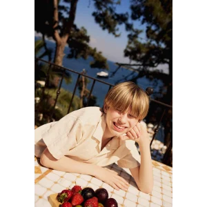 Defacto E5831 Bej Erkek Çocuk Oversize Geniş Kalıp Polo Yaka Kısa Kollu Gömlek