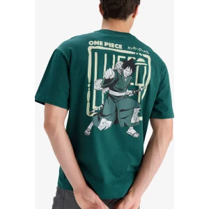 Defacto E3272 Yeşil %100 Pamuk One Piece Boxy Fit Bisiklet Yaka Baskılı Kısa Kollu Tişört