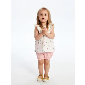 LCW baby Ekru Bisiklet Yaka Çiçekli Kız Bebek Bluz ve Şort 2li