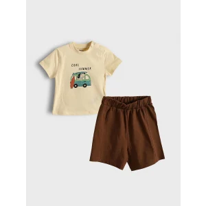 LCW baby Bej Bisiklet Yaka Baskılı Erkek Bebek Tişört ve Şort 2li