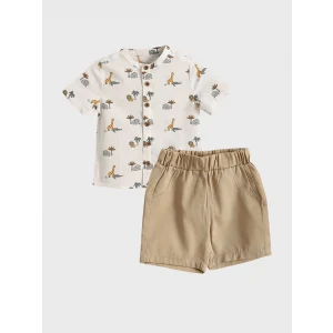 LCW baby Ekru Fil Baskılı Erkek Bebek Gömlek ve Şort 2li