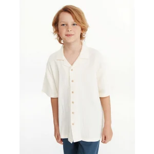 LCW Kids Ekru Kısa Kollu Dokulu Erkek Çocuk Gömlek
