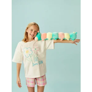 LCW Kids Beyaz Bisiklet Yaka Çiçekli Kız Çocuk Şortlu Pijama Takımı