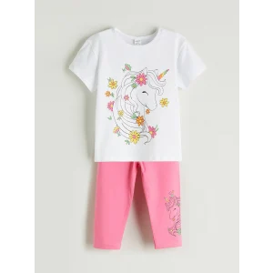 LCW Kids Beyaz Bisiklet Yaka Baskılı Kız Çocuk Tişört ve Tayt 2li